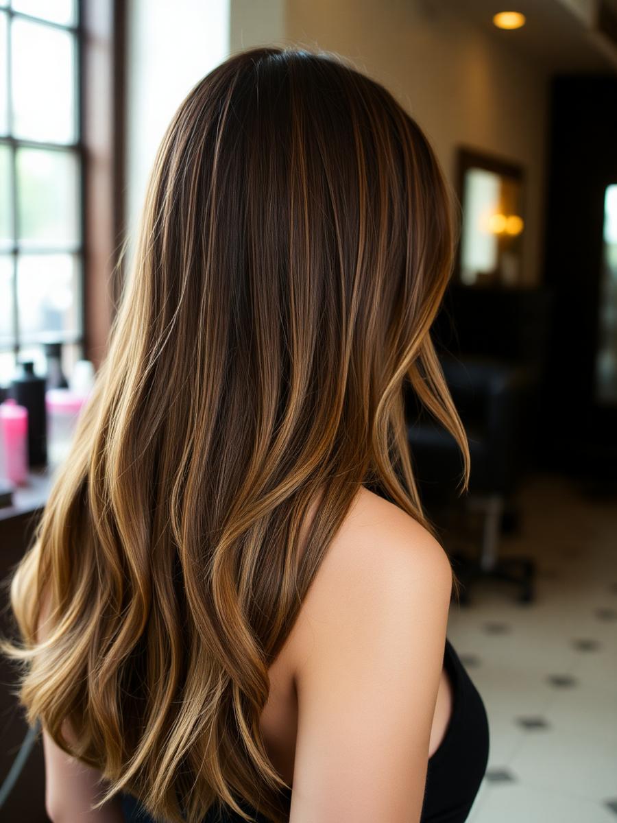 Caramel balayage back view in salon