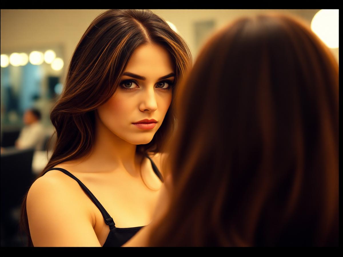 Brunette client checking finished color in salon mirror
