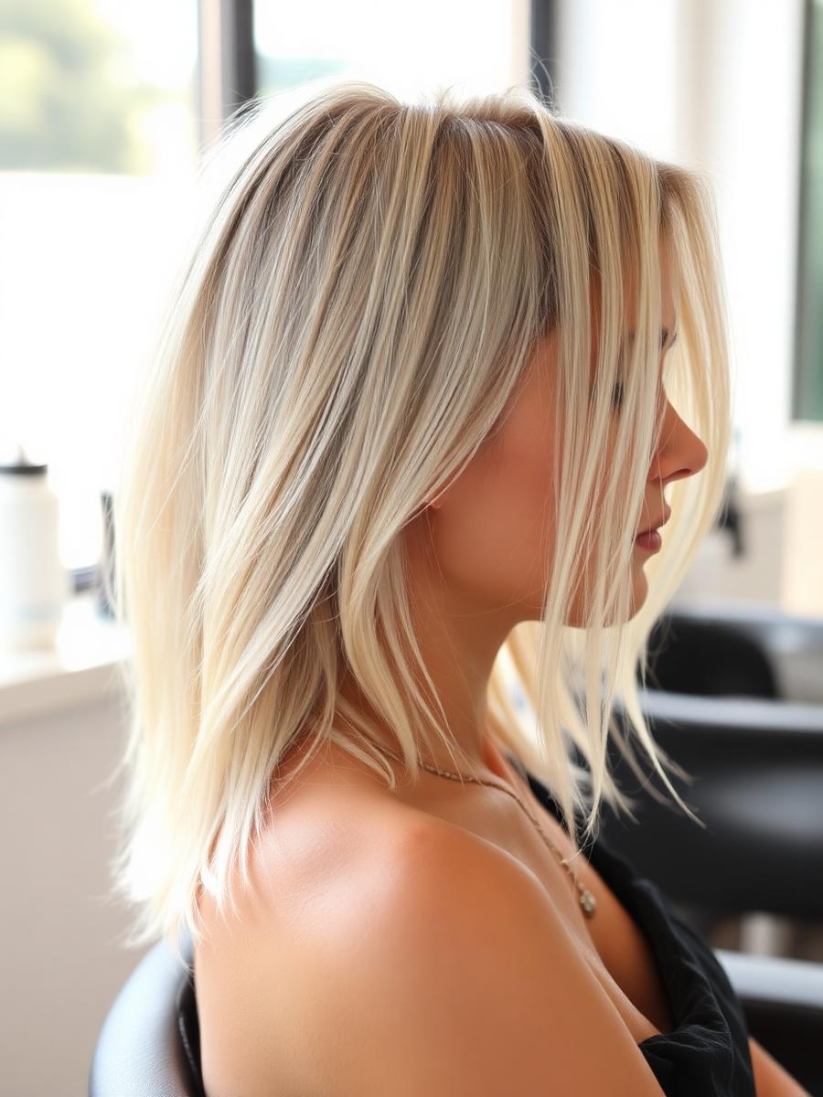 Platinum blonde balayage side profile