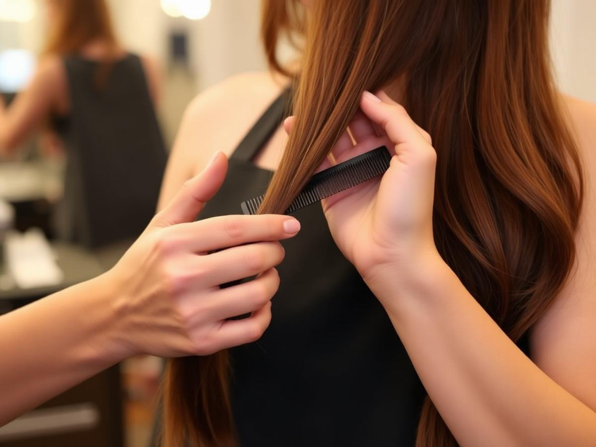 Stylist sectioning long chestnut brown hair