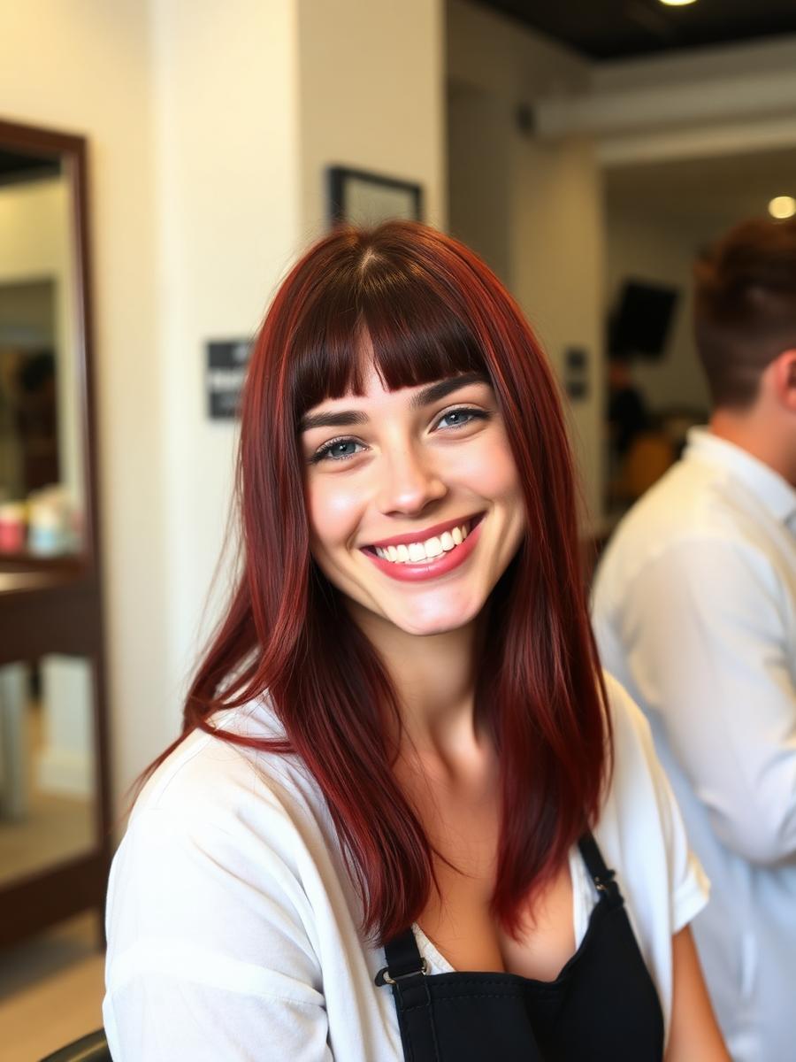 Fresh dark cherry red hair color, smiling client