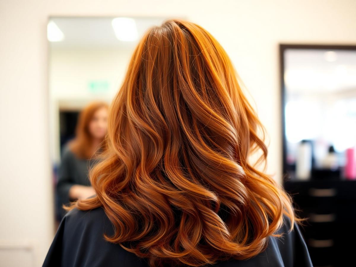 Voluminous copper red long hair with balayage dimension