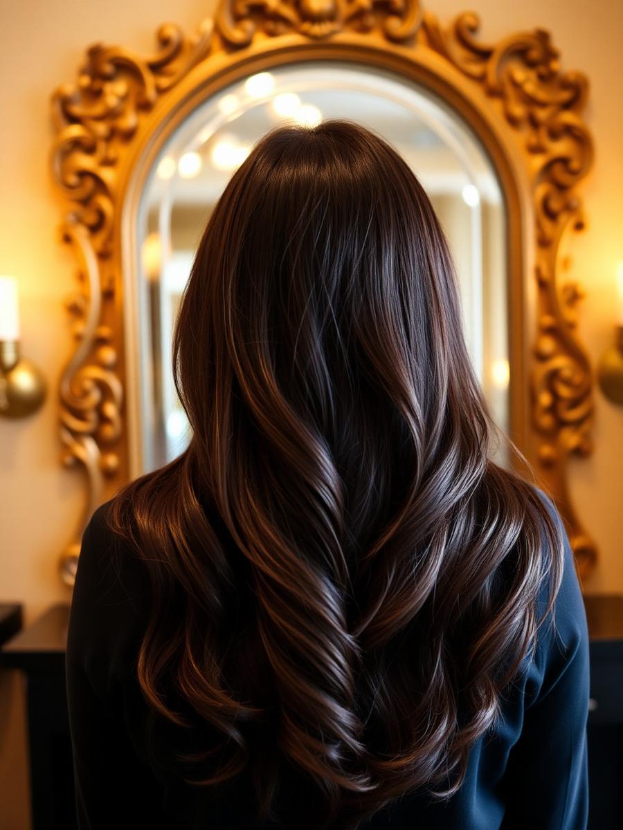 Chocolate brown extensions in front of gilded mirror