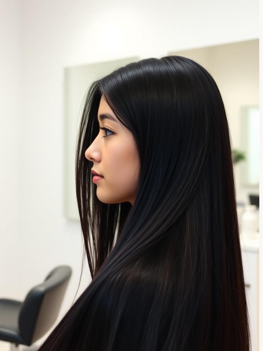 Silky straight jet black long hair, side profile