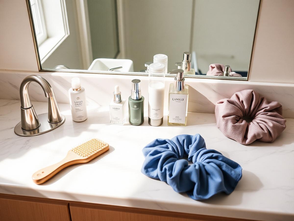 Home hair care flat lay on marble counter