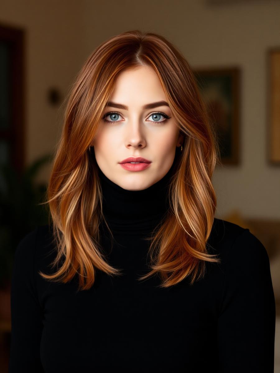 Strawberry blonde balayage extensions, black turtleneck