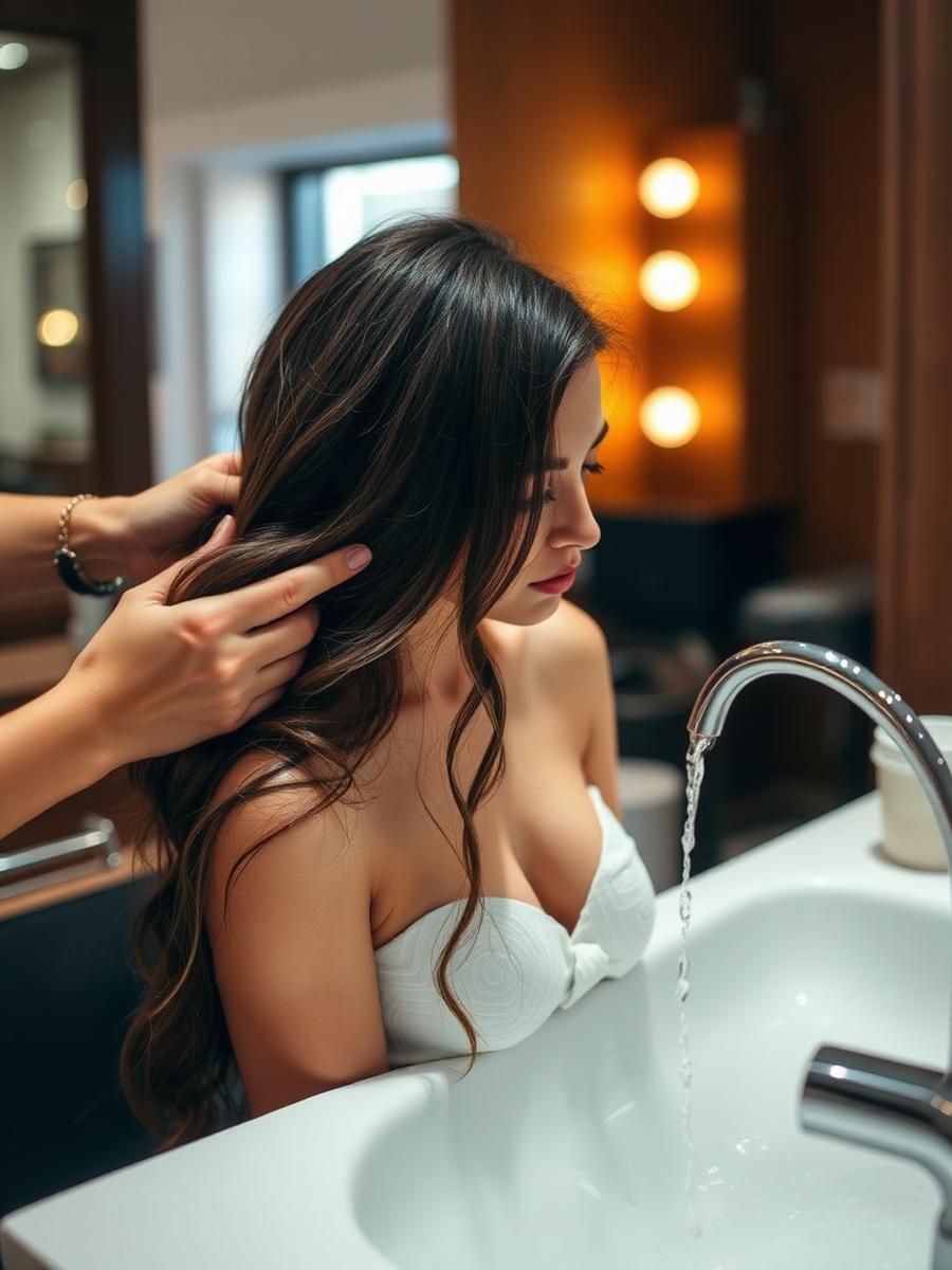 Client at the sink for a gloss treatment