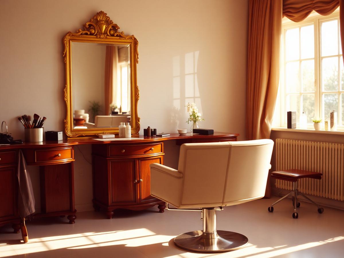 Luxury salon interior with gilded mirror and warm light