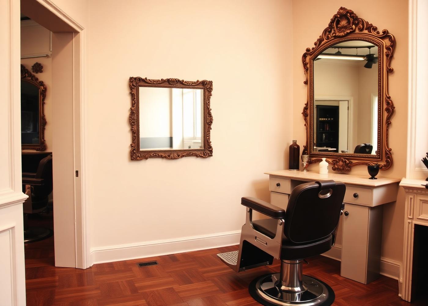 Interior of Lena's atelier — warm wood floors, cream walls, gilded mirror
